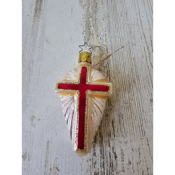 Vintage inge glas cross glitter religious ornament Xmas tree gold red - Picture 1 of 8